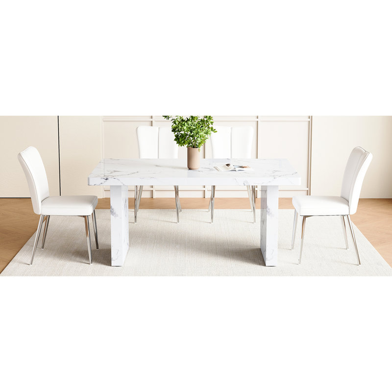 Table de salle à manger 63 po x 35,4 po avec autocollant en marbre blanc - 4 chaises en polyuréthane doux et élégant