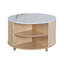 Table basse de rangement ronde cannelée 31,5 "avec plateau en marbre blanc et porte coulissante en chêne clair