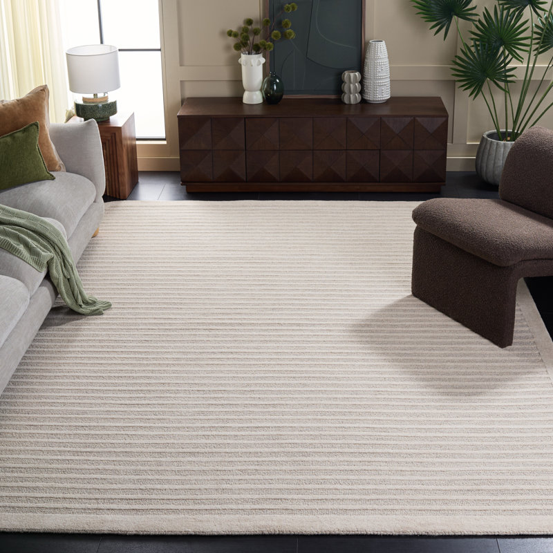 Ebony Hand Tufted Wool/Cotton Striped Rug in Silver/Ivory, Rectangle 8' x 10'