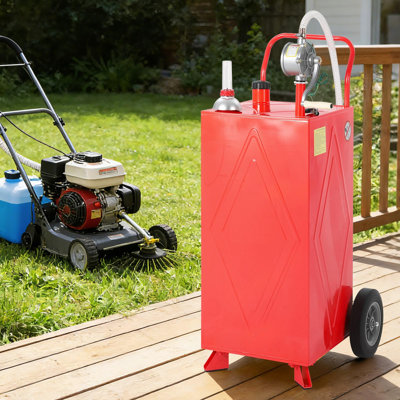 Red 30-Gallon Portable Fuel Caddy – Manual Rotary Pump, Flexible Hose, Level Gauge, Grounding Clamp – Reinforced 2-Wheel & 2-Support Design – Transfers Gasoline/Fuel to ATV, Car, Mower, Tractor, Boat