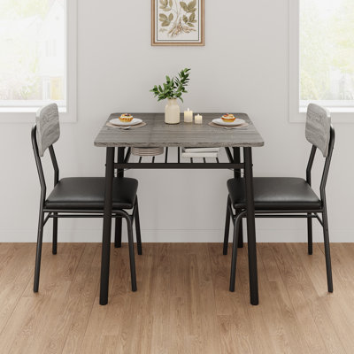 Ensemble de salle à manger moderne 3 pièces pour 2 personnes - Table carrée avec tablette de rangement, structure en métal et plateau en bois, 2 chaises rembourrées - Coin repas gain de place - Gris, Coussins