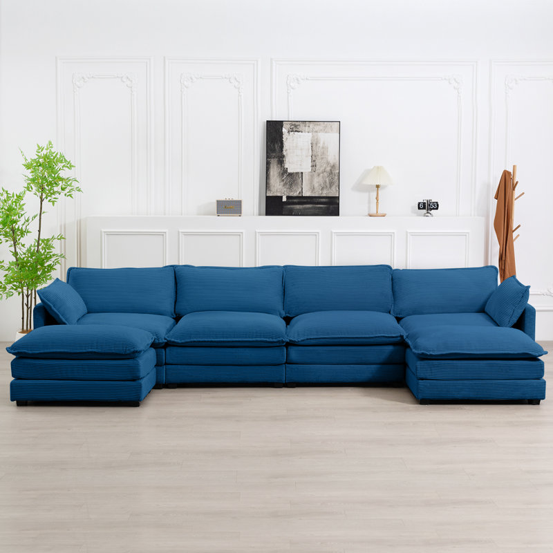 Redenius 6-Piece 148'' Upholstered U-Shape Sectional, Navy Corduroy