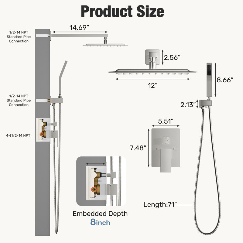 Système de douche mural avec pomme de douche Raincan 12 po et douche à main combinée, Brushed Nickel, 12 in