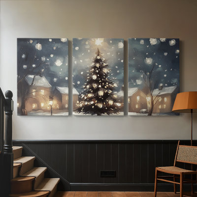 Snowy Christmas Village With Decorated Tree Watercolor 3 Piece Canvas Wall Art Set - Christmas Holiday Triptych, 24x36 Each Panel, Gallery Wrapped Ready to Hang - Christmas Series II