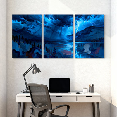 Scénario et paysages urbains, nuit orageuse avec éclair et montagnes, ensemble de 3 impressions sur toile