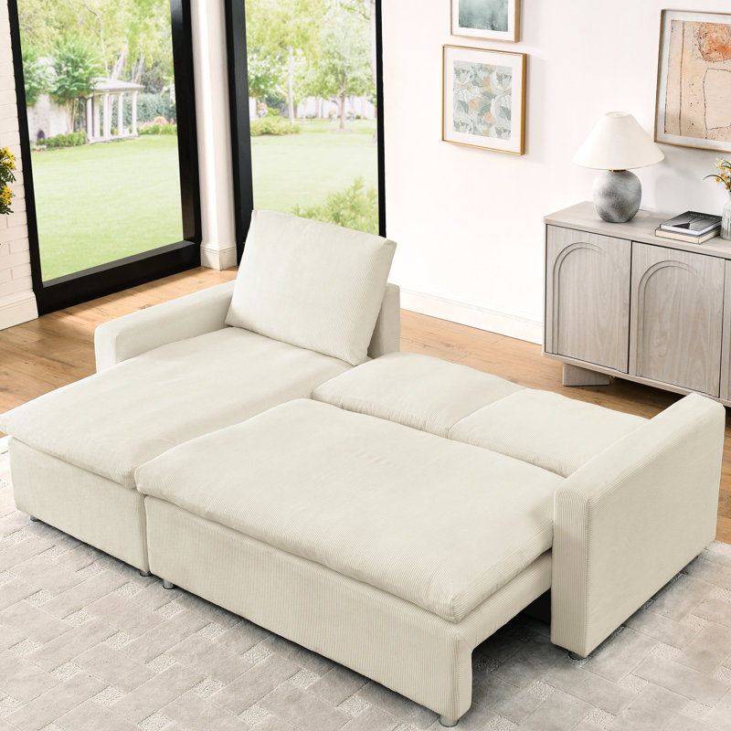 Lit modulaire sans accoudoirs avec housses escamotables et lavables avec dossier rembourré en velours côtelé beige, Beige