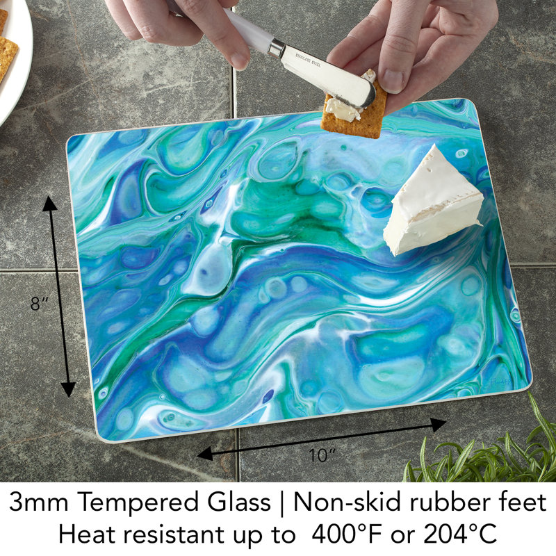 Ocean Vibe Blue and Green Tempered Glass Cutting Board 10" x 8"