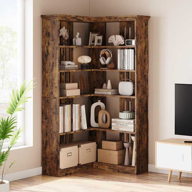 Duanna Farmhouse Bookshelf Corner Bookcase 72.8” Large Bookcase Wood Bookshelf Tall L Shaped Bookshelf 5 Tier Corner Shelf Display Rack Etagere Shelf Storage For Office Bedroom (Half Panel, Retro)