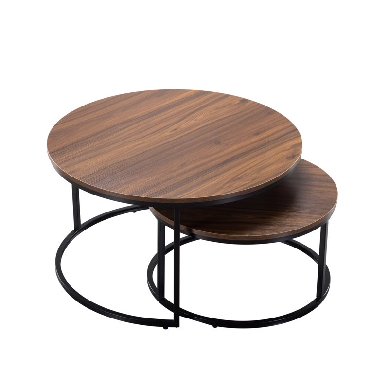 Modern Round Coffee Table Set of 2, Nesting Tables with Adjustable Feet for Living Room, Brown