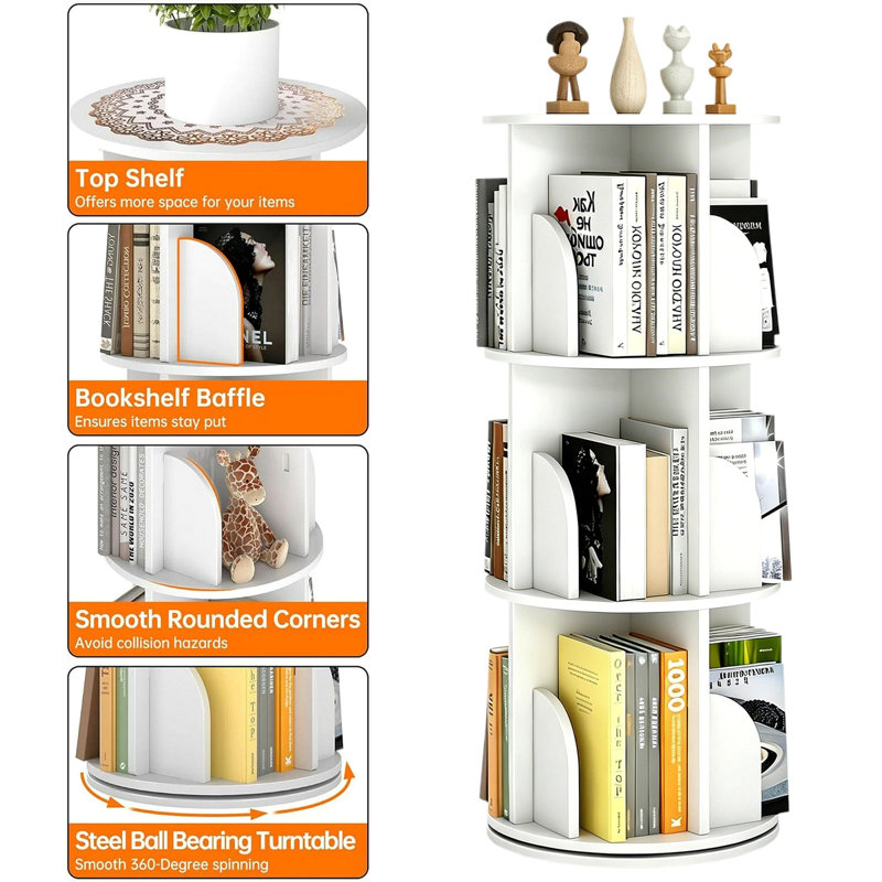 Bibliothèque rotative, étagère en PVC, étagère de rangement rotative à 360 degrés, étagère de rangement pour bibliothèque à 3 niveaux pour petits espaces, chambre à coucher