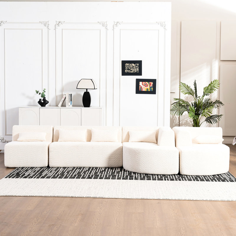 Beige For Living Room 144" - -Combinable With Two Chaise Lounges & Five Pillows, Breathable Fabric, Stable Support Structure Upholstered Couch In Hue Curved Lounges, -Combinable, Quality Material,