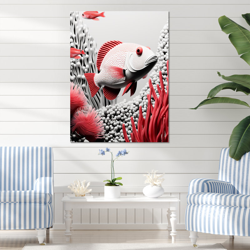 Croquis de poisson monochrome noir et rouge I - plage et océan, reproduction d'art mural, Toile tendue
