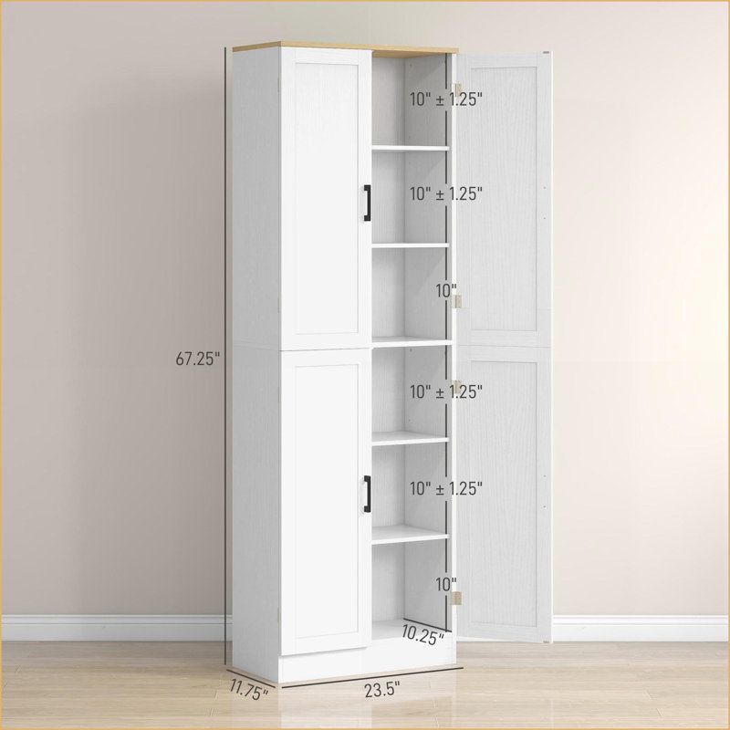 Kitchen Pantry, 67'' Freestanding 4-Door Storage Cabinet with Adjustable Shelves, Distressed White | Particle Board