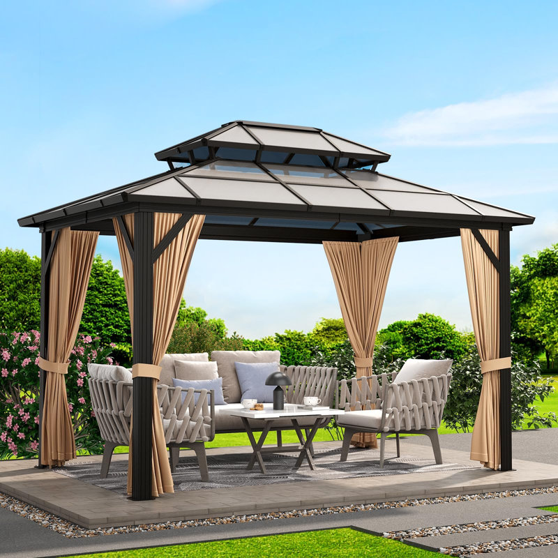 10X13FT Khaki All-Weather Hardtop Gazebo with Double Polycarbonate Roof Sturdy Aluminum Frame, Curtains & Netting Outdoor Pavilion Sunshade for Patio Garden