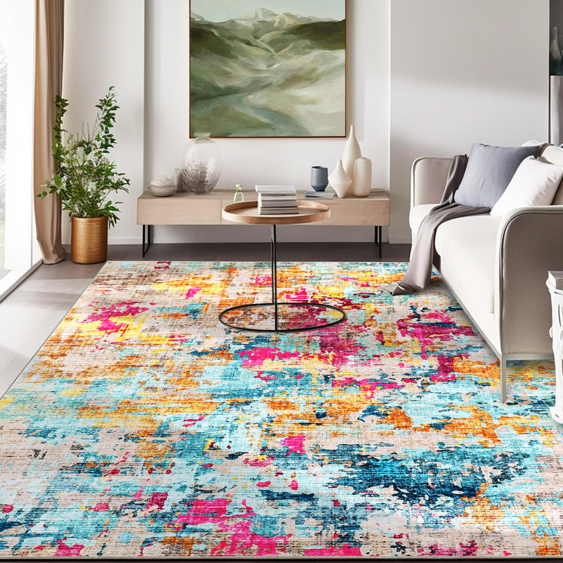 Abstract Machine Washable Rug with Rubber Backing for Living Room Modern Non-Slip Dining Room Rug Easy-Cleaning Colorful Floor Carpet for Bedroom Hallway Kitchen