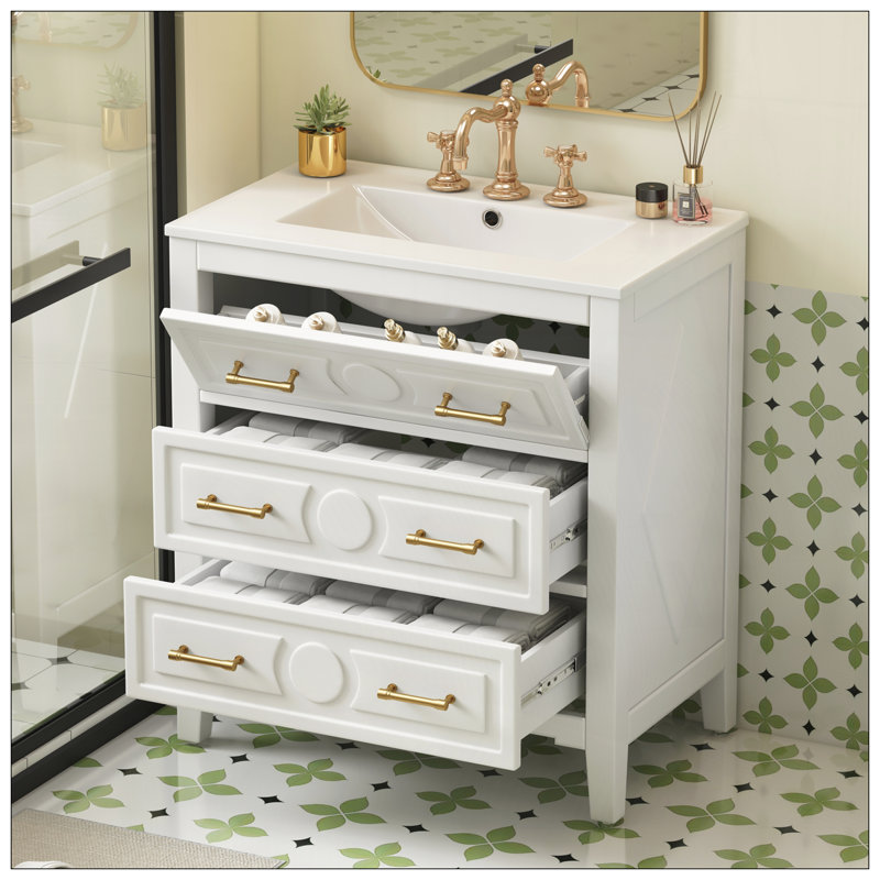 30" Bathroom Vanity with Ceramic Sink, White