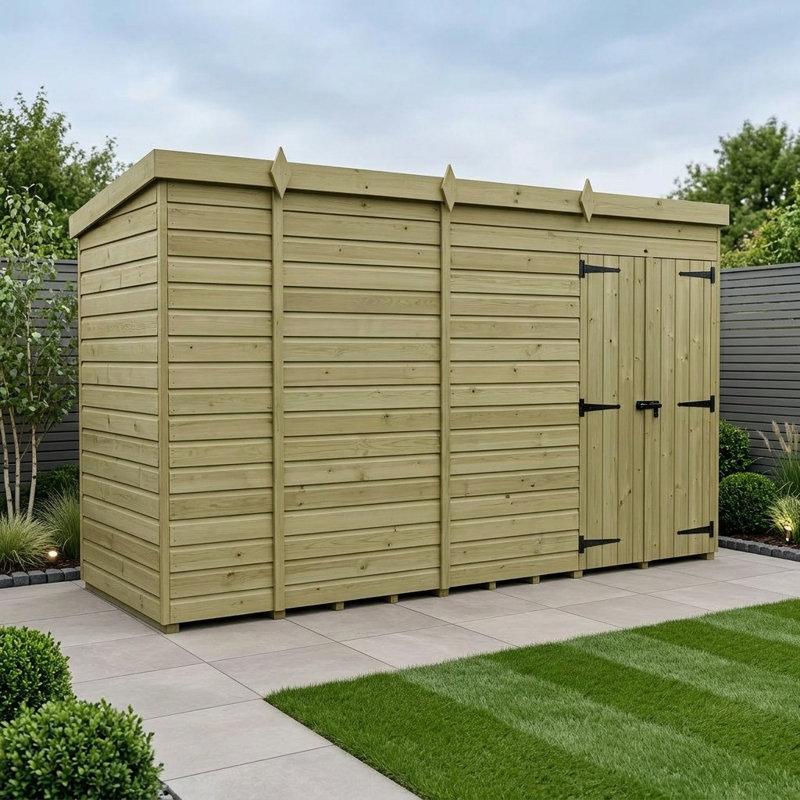 Total Sheds 14ft x 5ft Pent Garden Shed - Double Door - No Windows - Pressure Treated Timber - UK Manufactured
