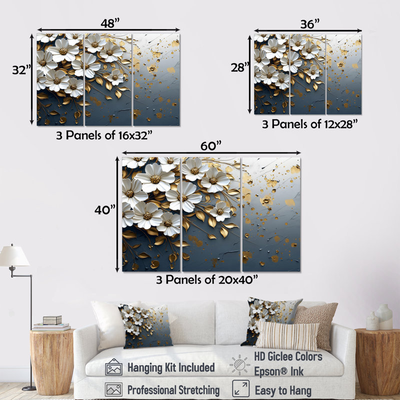 Ensemble de salon art mural blanc et bleu Meadow Charm III - Cornflowers, Toile tendue, H 40 po x l 60 po x P 1 po