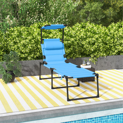 Outdoor Lounge Chair, Adjustable Backrest Folding Chaise Lounge, Cushioned Tanning Chair W/Sunshade Roof & Pillow Headrest For Beach, Camping, Hiking