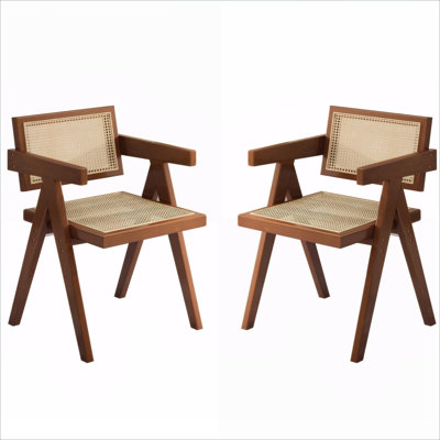 Mid-Century Modern Arm Chair Set Dining Accent Seating 2-Piece Brown Finish Rubber Wood Rattan Construction