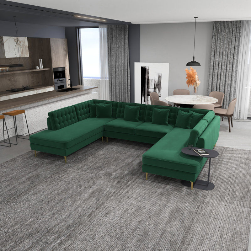 Tyne Velvet U-Shaped Sectional Symmetrical, Green Velvet