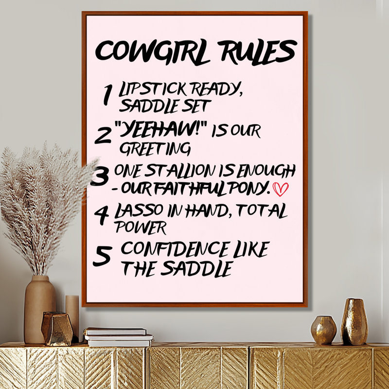 5 règles de Cowgirl - décoration murale, Toile avec cadre flottant brun, H 40 po x l 30 po x P 1,5 po