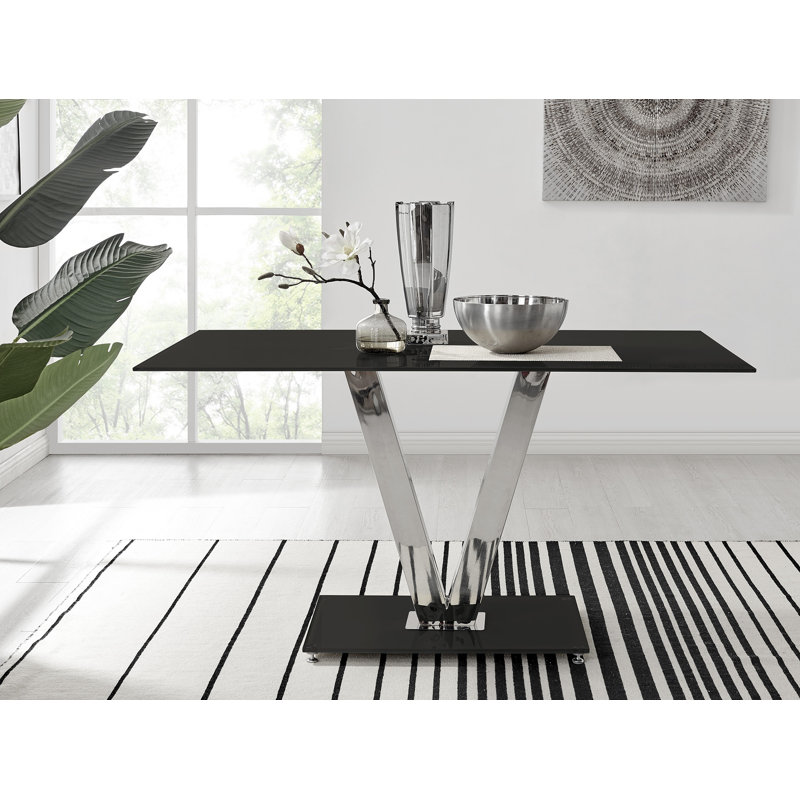 Ransart Modern Luxury Glass & Metal Dining Table Set With 6 Upholstered Faux Leather Dining Chairs, Black