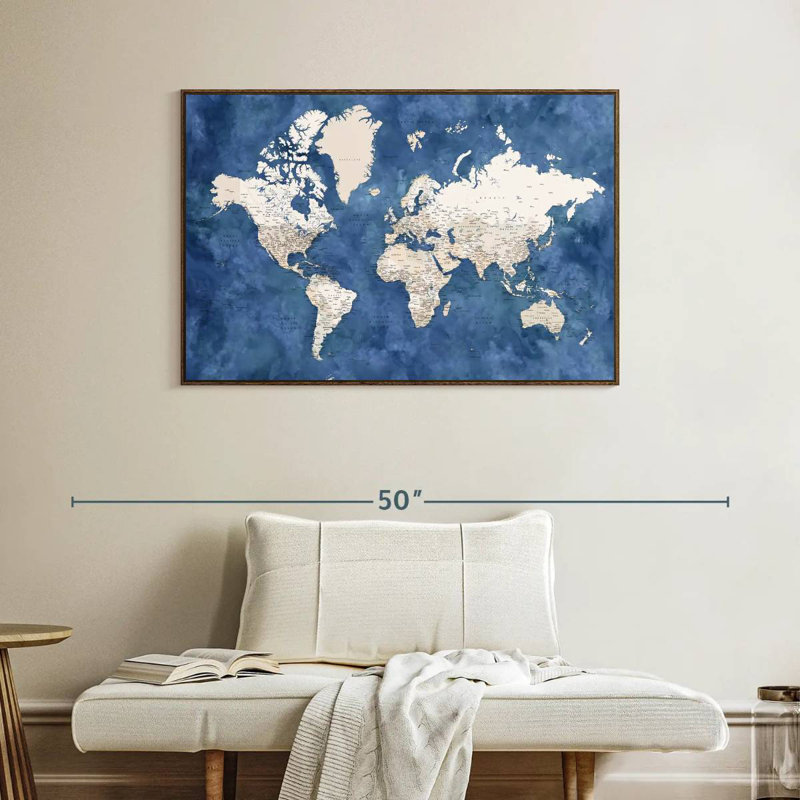 Carte détaillée du monde avec les villes I, 40 po x 27 po, Cadre flottant noyer