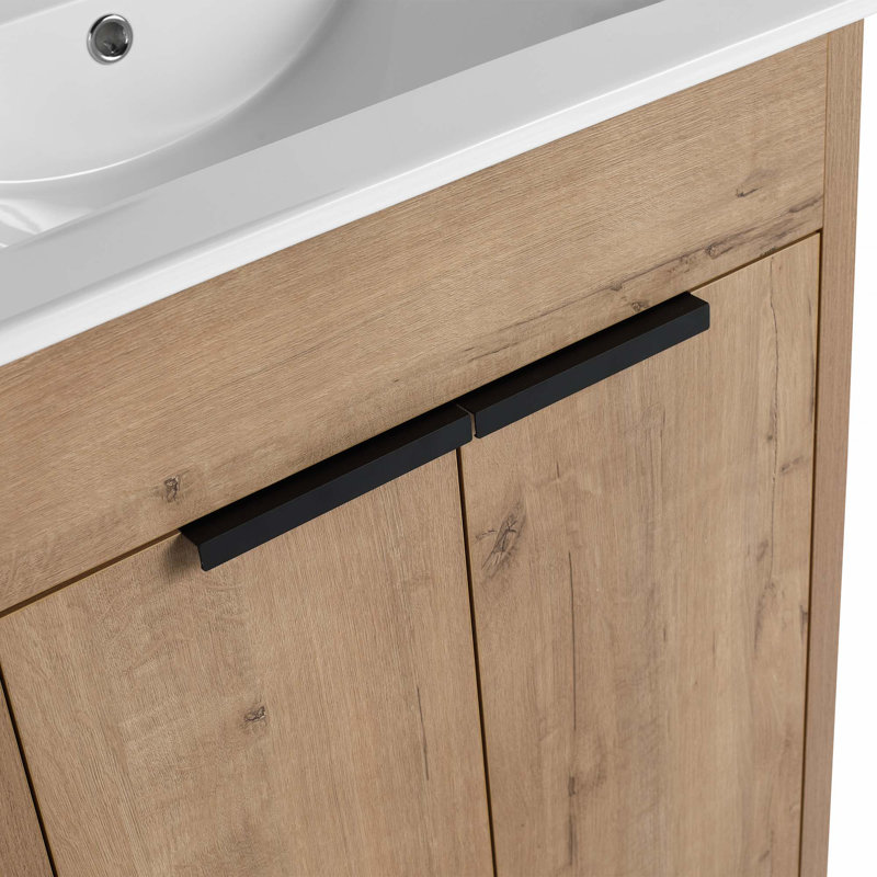 Meuble-lavabo autoportant avec lavabo en céramique, Chêne, Blanc, 24"