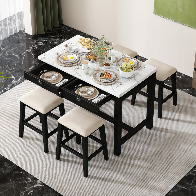 Ensemble de table de salle à manger, ensemble de table et chaises de cuisine moderne à hauteur de comptoir avec tiroirs de rangement, table de salle à manger en marbre avec chaises rembourrées pour petits espaces