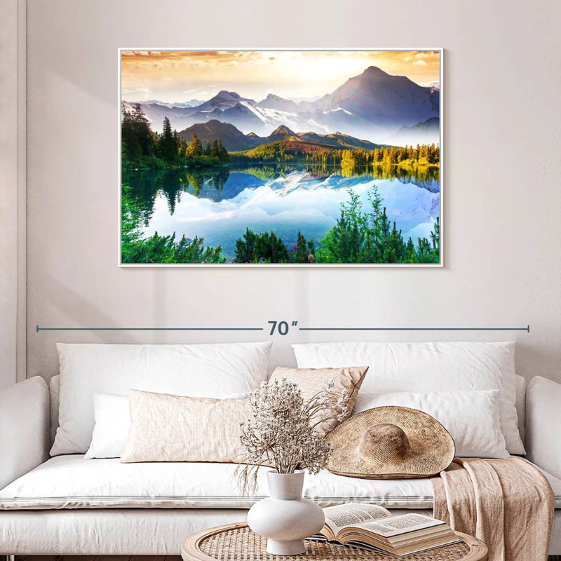 Montagne et lac au lever du soleil, 46 po x 31 po, Cadre flottant blanc