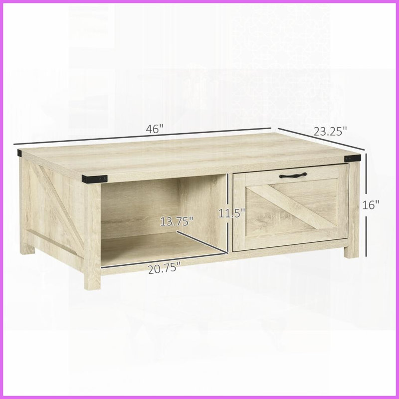 Table basse rustique en chêne pâle avec tiroir & amp; Tablette ouverte pour le salon, Plateau beige / base beige