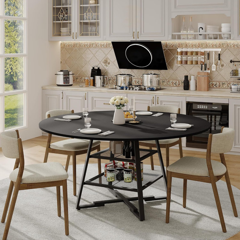 Table de salle à manger ronde pour 4 à 6 personnes avec tablette de rangement, table de cuisine circulaire de 42 po ou 47 po, table de salle à manger rustique de style campagnard