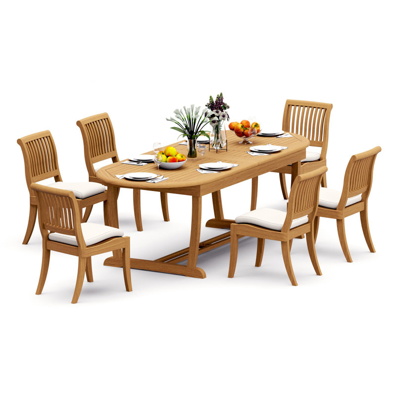 6 Seats 7 Pcs Grade-A Teak Wood Dining Set: 94" Mas Oval Trestle Leg Table And 6 Arbor Stacking Armless Chairs #11AB2300, 6
