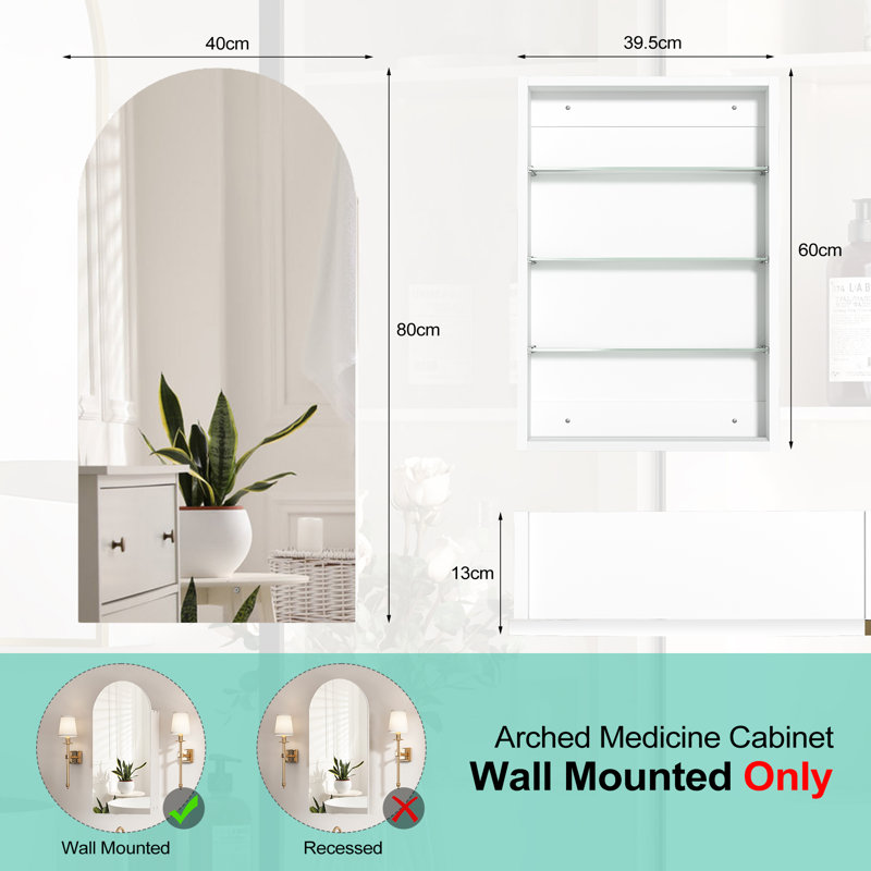 Aishwarya 40x80cm Arched Retro Mirror Cabinet with 3 Glass Shelves, White