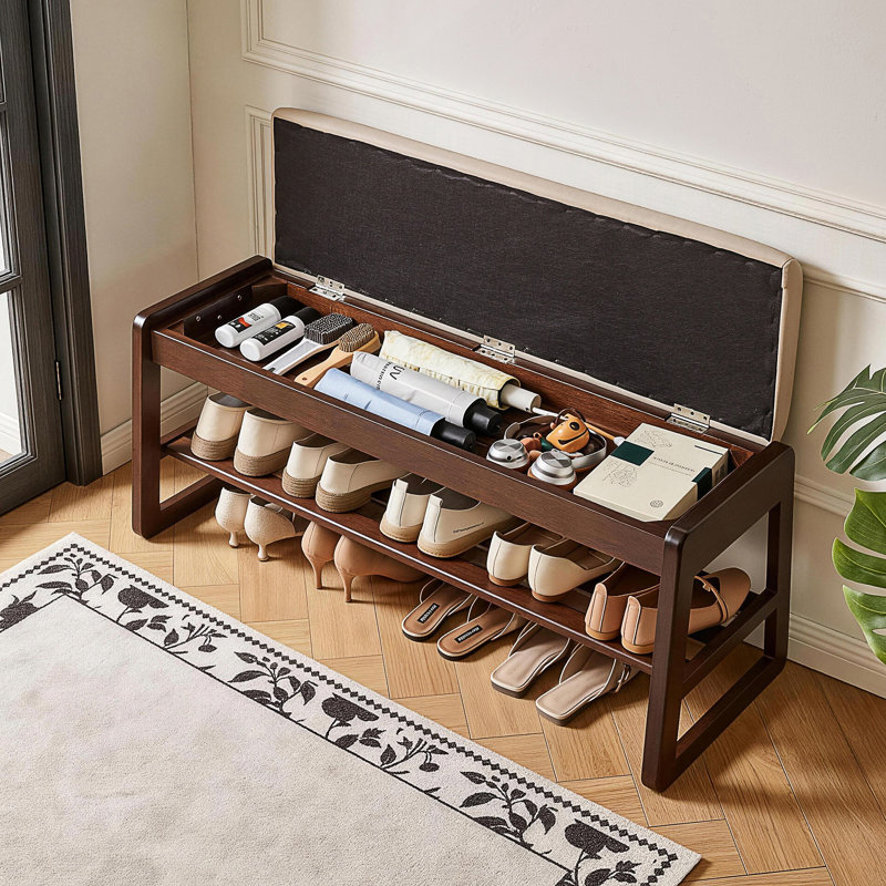 Banc de rangement en bois pour chaussures avec siège en cuir végétalien et plateau relevable, Beige