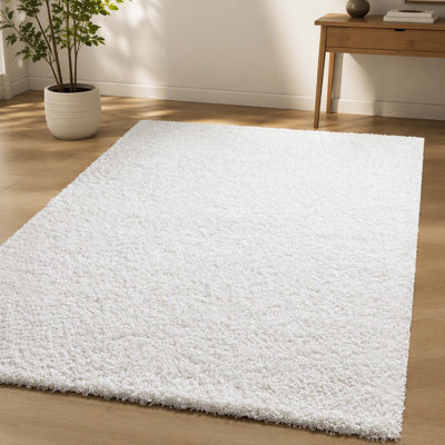 Tapis moelleux de style moderne blanc à poils longs 7,5 x 9,5 pi (89 x 113 po)
