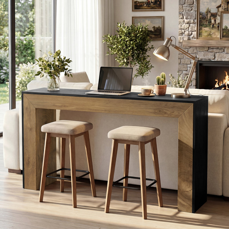 Table de bar à hauteur de comptoir industrielle moderne de 63 po avec base stable, unité de bar étroite en bois minimaliste pour cuisine, salon, pub, brun et noir