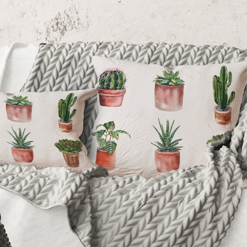 Carré, fleurs dans un pot, cactus et plantes grasses - coussin décoratif traditionnel, 16" x 16"