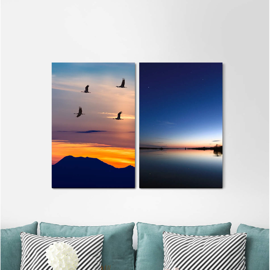 2-tlg. Leinwandbilder-Set - Grafikdruck „Cranes Birds Mountains Japan Lake Sunset Flying”