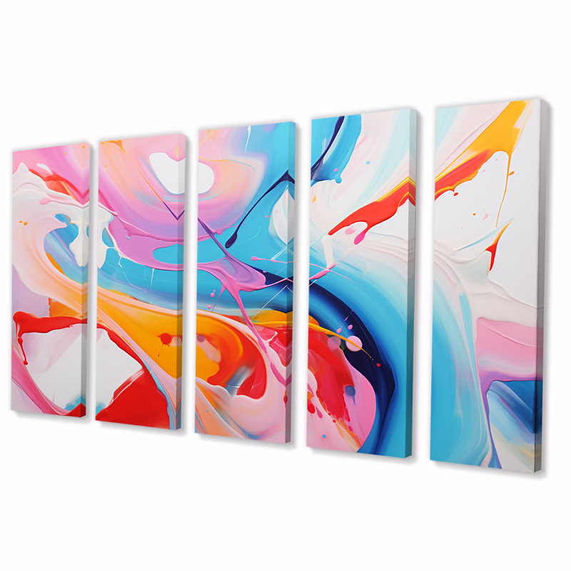 «Blue An Pink Paint Storm IV», art mural abstrait à l'encre liquide 5 pièces, H 32 po x l 80 po
