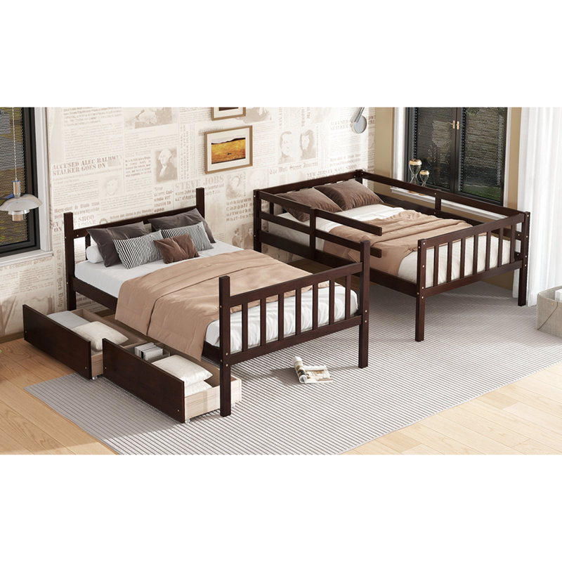 Lit superposé simple en bois d'hévéa, convertible en 2 lits, couleur, tiroirs et garde-corps haute sécurité pour lit, fabriqué en bois, garde-corps,