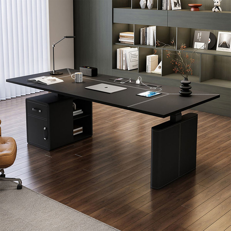 Bureau rectangulaire en bois manufacturé noir avec 1 tiroir Barenia, Retour à gauche, 49.21" H x 62.99" W x 27.56" D