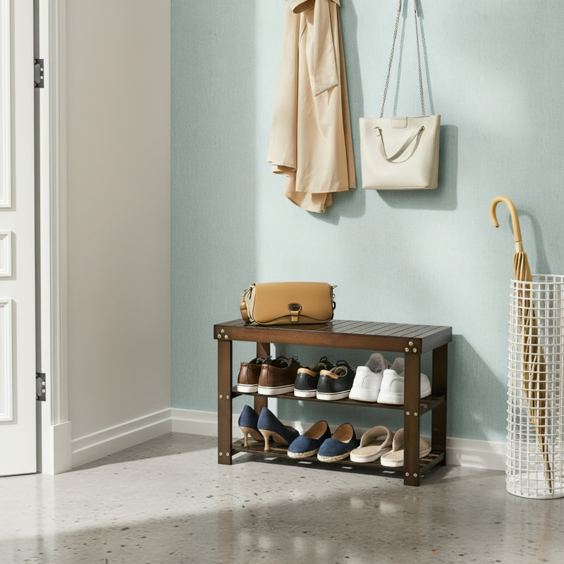 Shoe Bench In Entryway, Bedroom, Living Room, Balcony; Brown Bamboo, Three-Tiered Design; Sturdy Storage Shoe Rack; Can Hold Up To 300 Pounds.