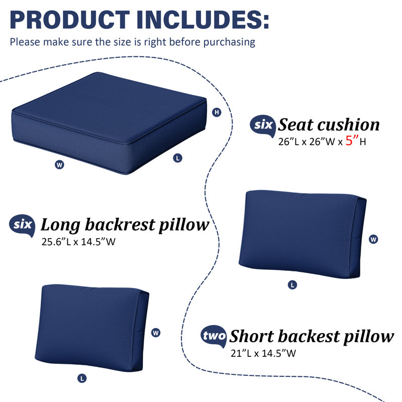 14-Piece Outdoor Replacement Cushion Set Seat/Back Cushion，26'' W X 26'' D，Only Cushions, Blue, 26" L x 26" W x 5" H