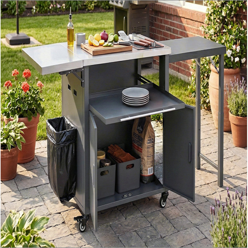 Chariot de barbecue pliable pour l'extérieur, Gris, Gray