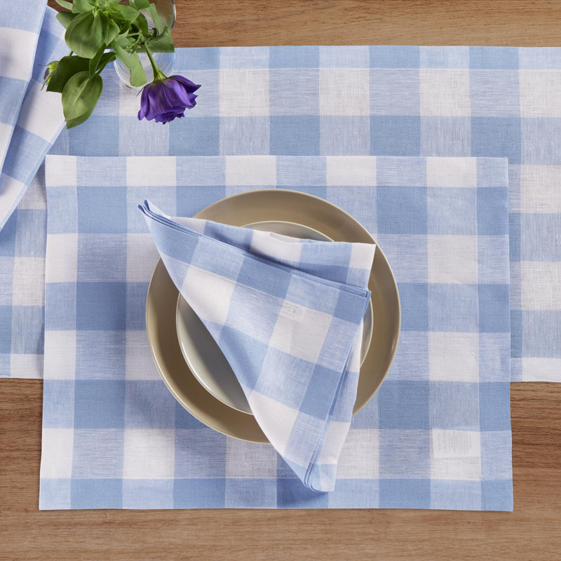 Buffalo Check - 100% Pure Linen Dinner Napkins, Chambray Blue/White