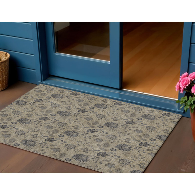 Tapis extérieur lavable floral beige et chocolat brun 3 pi x 5 pi