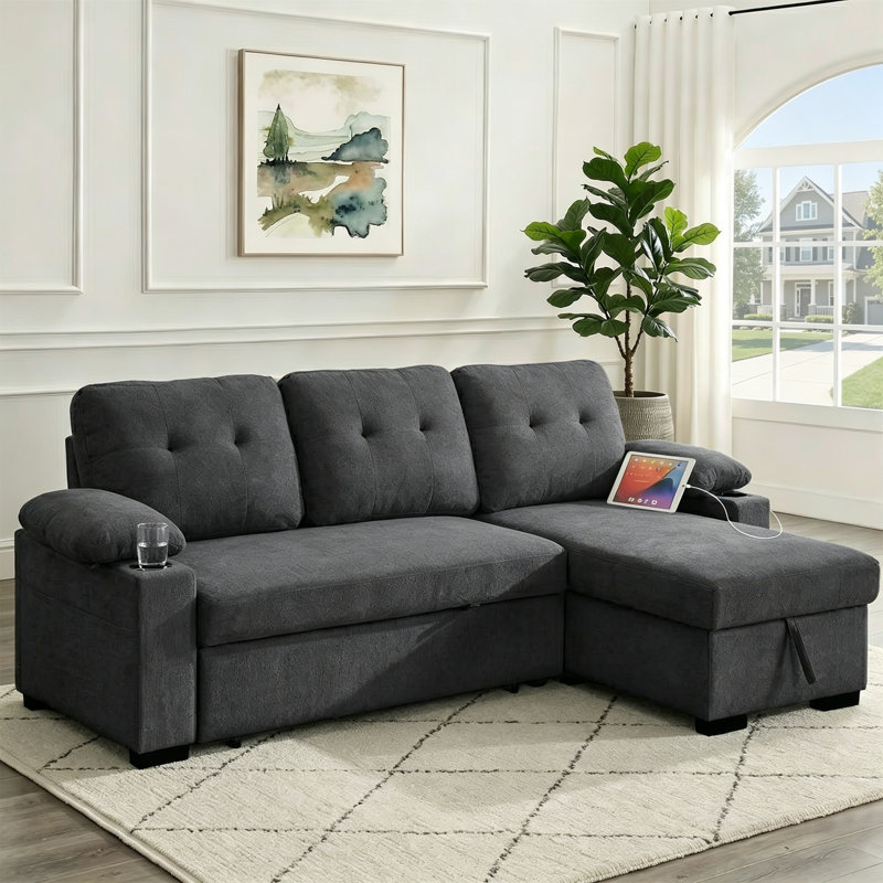 95" Sleeper Sectional Sofa with Pull-Out Bed, Convertible L-Shaped Couch with Reversible Storage Chaise, USB Ports, Cup Holders & Side Table for Living Room, Apartment