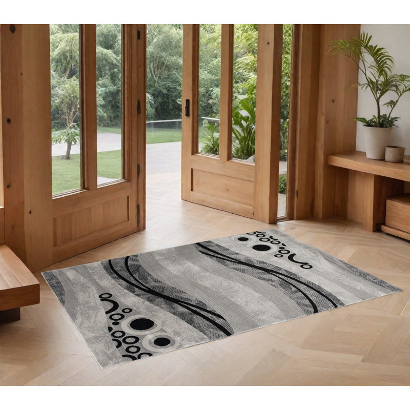 20' Gray And Black Abstract Runner Rug, Rectangle 2' x 4'
